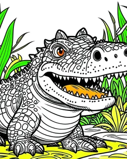 create a 2d black outline, "safari smiling cartoon crocodile coloring book for toddlers", coloring page, low details design, black contour, coloring page design, simple background, colorful , card style, coloring page for kids, white background, sketch style, safari landscape, cartoon style