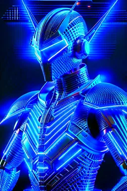 neon blue, flying parts of armor in form of triangles, cyber armor, geometric patterns on armor, male, orbiting triangle