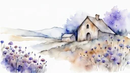 watercolor on dry, with ink wash, very fine drawing in black ink, grunge, rust, detailed, pastel colors, light gray, light almond, outline of stone old fantasy village, close up splashes of purple and blue meadow carnation, delicate wildflowers, stonecrop, dreamy, very delicate mood, foggy lights, detailed, high contrast, masterpiece