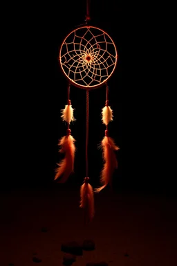 a dreamcatcher made of light, natural red tones, brown dirt ground long bottom, dark background