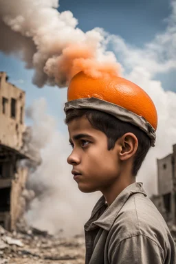 portrait in profile of a young palestinian boy with an orange conedison his head. Large clouds of steam rise from the end of the cone on his head. With demolished buildings in the background. Made in the palestinian style