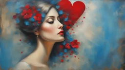 old painting, torn edges, blue, WOMAN, love, red heart, light, flower, double exposure, abstract surreal portrait, oil painting in impressionism, large strokes, airbrush effect, textured painting, antique style, vintage, semi-abstract, semi-realistic, surreal .