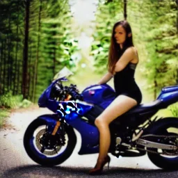 Very attractive woman sitting on a motorcycle. The bike is Yamaha. In the background is a forest.