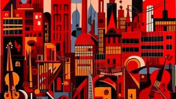 A dark red city made out of jazz instruments painted by Stuart Davis