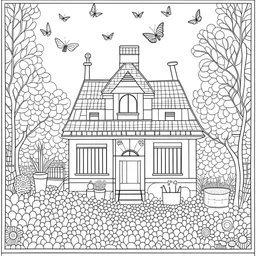 GARDEN HOUSE, "Garden House Harmony: Create a masterpiece with a symphony.", full view, realistic, coloring page, only draw lines, coloring book, clean line art, wildlife-inspired, kid style, –no sketch, color, –ar 3:4, white background, minimalistic black lines, 8k, minimal black color, low level black colors, coloring page, use pure black and white colors, avoid thick black colors, thin black line art, avoid colors, perfect shape, perfect clear lines, clear edges,