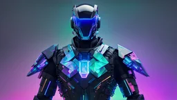 a photograph of a cyberpunk armour made of black titanium and some crystal, RGB leds rainbow, power suit, gradient, crystal, visible wires and microchip, holograph, crystal transparent torso, imposing, elegant, for men, modern minimalism, low poly lines, glitch core, dreamy, colorful, dystopia, godlike, mysterious, hologram display