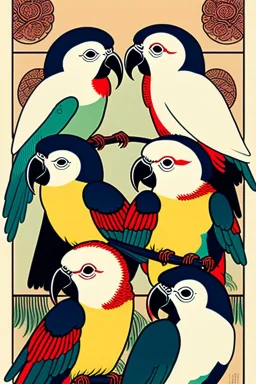  a group of parrots that are on top of each other, a poster by Nōami, ukiyo-e, anime aesthetic, minimalist.