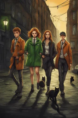 Design a detective book cover for teenagers. Three teenage detectives and a black cat in the centre, one boy on her left, the girl in the centre and one on her right are on the town street. Banksy style, modern comic book style, mysterious atmosphere, modern clothes, streetwear, street look, Polish style, highly detailed, green eyes, brown eyes, ginger hair, brown hair, blonde hair