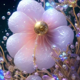 one big crystal subtle flower in a galactic ambiance with a beautiful fairy, transparent petals, delicate colors, in the foreground, full of details, smooth，soft light atmosphere, light effect，vaporwave colorful, concept art, smooth, extremely sharp detail, finely tuned detail, ultra high definition, 8 k, unreal engine 5, ultra sharp focus