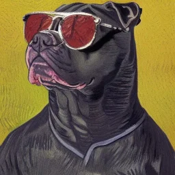 Portrait of a pitbull wearing sunglasses by Van Gogh