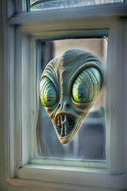 Alien face pressed up against the window