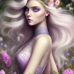 corps entier avec deux jambes et deux pieds visibles de belle jeune femme féerique blonde avec cheveux longs, yeux bleus , beau visage détaillé, robe longue rose, dans un jardin magique et fleuri