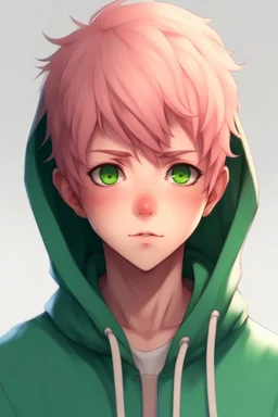 An anime man with messy short pink hair and blue eyes wearing a green hoodie. Realistic.