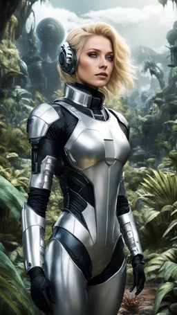 wide-angle Photo of a Sci-fi woman, with blond hair, wearing a silver and black spacesuit looking like an android, on an alien jungle planet