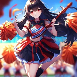 Clear focus, High resolution, long black fluffy hair, red eyes, chopped bangs, wearing a cheerleading outfit, jumping, wearing a skirt, legs together, smiling, Extreme Close up of eyes