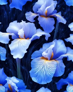 epic close up of a blue white Iris flower with innumerable petals, front illumination only, forest background, magic wake, fantasy illustration, sparks, glitter, grainy, noise, fractal crack effect, cinematic, deep depth of field, 3D, 16k resolution photorealistic, a masterpiece, breathtaking intricate details, reflective catchlights, high quality, abstract vector fractal, wave function, Zentangle, 3d shading