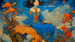 A stunningly vivid and intricately detailed painting of a young woman, reminiscent of Nuttavut Baiphowongse's ethereal elegance, as she soars through the azure sky. Inspired by the whimsical artistry of Edmund Dulac and the iconic character design of Osamu Tezuka's "Portrait of Circe," she embodies the personification of greed with a captivating yet eerie presence. The woman's flowing garments and hair are rendered in rich gold and emerald tones, swirling around her as if caught in an invisible