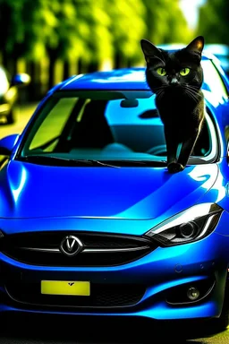 eine schwarze katze fährt einen blauen mazda 2 von 2016
