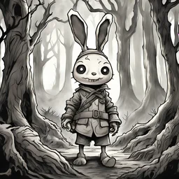 Ink drawing of a cute war bunny, big sweet smile, close mouth, horror, old dark scary forest with crooked trees and roots in the background, by tim burton, fashion ao dai, peter painting, digital illustration, comic style, black and white contrast, perfect anatomy, centered, dynamic, detailed, watercolor, artstation, concept art, smooth surface, sharp focus, illustration, art by Carne Griffiths and Vadim Kashin