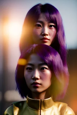 Young asian woman, barbarian character, purple hair, gold eyes, gold jewelry,fog, rain, leather, vibrant color, highly detailed, art stations, concept art, smooth, unreal engine 5, god rays, ray tracing, RTX, lumen lighting, ultra detail, volumetric lighting, 3d, finely drawn, high definition, high resolution.