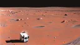 A police Tesla Cybertruck is chasing a Tesla 'Model S Plaid' at top speed, across the 'Cydonia' region, on planet Mars. CINEMATIC. WIDE ANGLE LENS.