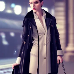 A beautiful slender well dressed young French woman with short hair and a black trench coat, waiting for a man at night at a train station in London