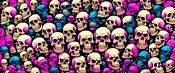 a field of 1000s of cartoonish, anatomically correct, skulls, vivid RANDOM BRIGHT neon colors, dark comedy, well lit, high detail, photorealistic, horrorcore, fun, scary, dead, 100% detail on all drawn, nothing partial or filler, by fictional tattoo artist