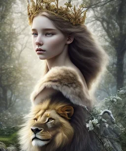 Young beautiful girl with a floral crown next to a majestic, stunning lion on nature forest path, Chronicles of Narnia, 8k resolution, high-quality, fine-detail, iridescent, intricate, digital art, detailed matte, volumetric lighting, beautiful, illustration, 3D octane render, brian froud, howard lyon, selina french, anna dittmann, annie stokes, lisa parker, greg rutowski,