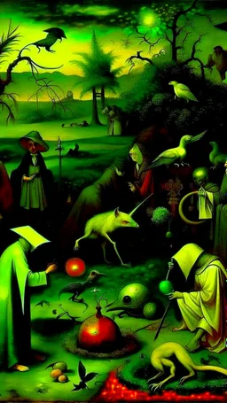 some mysterious figures, odd background, cinematic, Hieronymus Bosch, Max Ernst, vegetal life, rotten, ambient light, cry, ritual, surreal, animals
