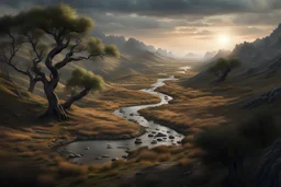 An image of a dried out creekbed meandering around some tree-covered hills. Medieval Fantasy, D&D, 8k HD, ultra-realistic. Medieval Fantasy, D&D, 8k HD, ultra-realistic.