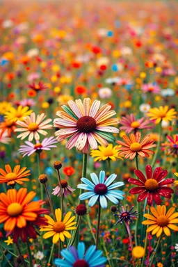 A field of colorful flower, the return to innocence, abstract, weird, childlike, chaos80, colors splash