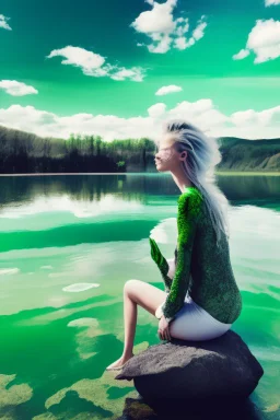 woman sitting on a rock, in a lake, green mottled skin, green hair, blue sky, white clouds