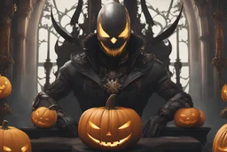 pumpkin head venom in 8k nier automata artstyle, machine custom, pumpkin head them, halloween, close picture, fantasy world, intricate details, highly detailed, high details, detailed portrait, masterpiece,ultra detailed, ultra quality