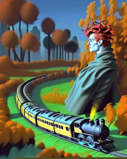 Created with Bing / Dall-E 3 option, using variations of the prompt below. ♨️ Prompt: (((Magritte, Klimt, Miró effect))). Monolithic man, Blue/yellow checkered suit, black hat, red hair, sitting on a grassy mound. Steam locomotive approaching a red brick tunnel under the mound. Surreal helix trees with green/orange foliage. Metallic blue crooked dwellings with cracked glaze and smoking stacks. A dark blue sky with flying birds and snow-capped mountains. Ultra Detailed, 3D, 16K. Modern Surrealism