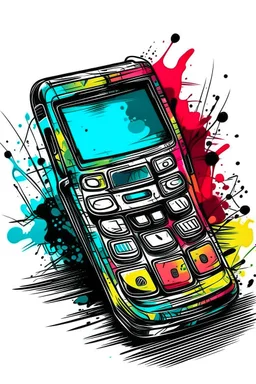 A brightly colored, plastic flip phone with a scratched and chipped exterior is held open, revealing a blurry photo of a concert mosh pit on the screen. Style: Grunge, Mood: Rebellious, Lighting: Harsh stage lights in the background, T-shirt design graphic, vector, contour, white background.