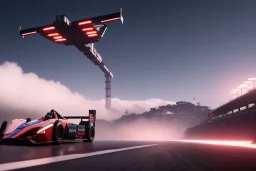 Futuristic formula race car hovering just above track, cyberpunk style, fog