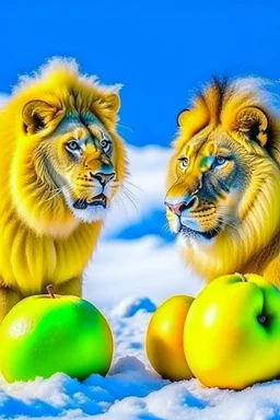 lion eat apple with snow and the lion yellow mood and apple blue mood