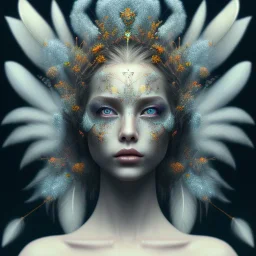 Portrait of beautiful girl, face dept of field,face shining, plant, metal, feathers,central weight average, CWA Dryad, fae, sidhe, ominous, nature, plants, wildflower sparkle,wildflower 3d view, facepaint, dnd character portrait, intricate, oil on canvas, masterpiece, expert, insanely detailed, 4k resolution, retroanime style, cute big circular reflective eyes, cinematic smooth, intricate detail , soft smooth lighting, soft pastel colors, painted Renaissance style,sharp fucus, bokeh,macro lens,