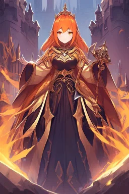 Dark Paladin, orange hair, orange eyes, standing in front of dark castle, Female