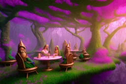 Immersive​ fantasy elven coffee shop in the deep forest green tree pink flower blossom river 4k full hd