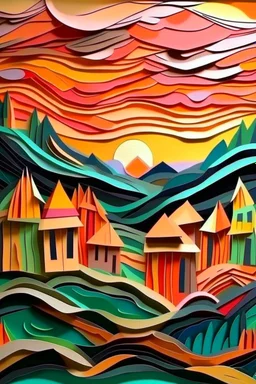 paper art, the scream style, colors of a storm of emotions and especially fuuz peach, sunset in fuzz peach colors, above rural houses in an old European style atmosphere, colors of a storm of emotions and especially fuuz peach. cubism style