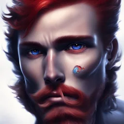 Red haired man with one black and one blue pupil