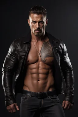 portrait of a 35 year old Handsome, rugged and muscular male with lightly tanned skin and tattoos. long brown hair and a goatee beard. wearing an black jeans and a leatheehr jacket. photorealistic