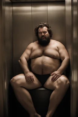 full figure photography of a hairy sicilian man 38 year old man similar to bud spencer chubby muscular sleeping, open mouth, shirtless, manly chest, short beard, long hair, closed eyes, big shoulders. sitting in a dark elevator, dim top light, completely sweat, photorealistic, ambient occlusion , view from the ground