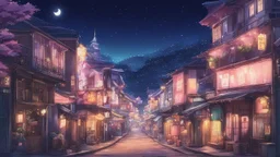 Beautiful anime town at night, cartoon, anime, lofi, pastel, cinematic, nostalgic, town