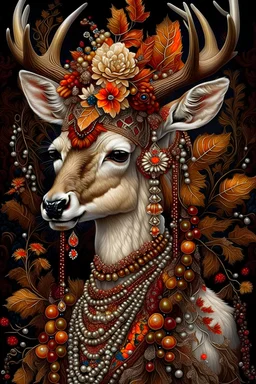 Beautiful deer portrait I amazing ly detailed textured botanical fur and textured skin adorned with berries, autumn ginger and orange leaves and white camelia flower, and copper beads and pearls rococ style headress, wearing humanoid rococo floral detailed ornate lace style costume organic bio spinal ribbed detail of moonlight background extremely detailed hyperrealistic maximálist concept art