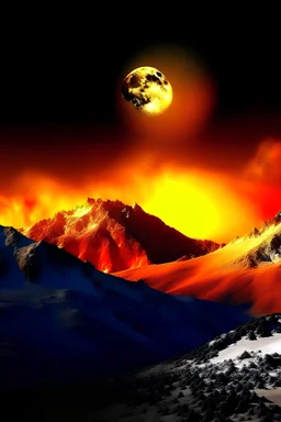 Ethereal orange fire over a snowy mountain range, with a full moon shining in the background, mystical, peaceful, serene, winter landscape, high detail..