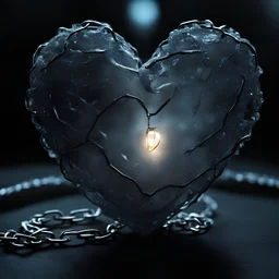 a glowing iced heart, trapped y chain in a dark place