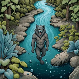 bird's eye view looking down from afar an anthropomorphic strong gray hairy body wolfman swims on his back in the blue winding river and looking the sky, smile, dark brown sandy shore along the river, smaller brown and gray stones, green-blue foreign plants with raindrops on their broad big leaves, in background towering dark brown trees with massive trunks. high contrast, high detalied, high realistic, The atmosphere is a seamless blend of sci-fi and dark fantasy mood, professional photo