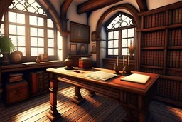 Fantasy medieval study room with desk